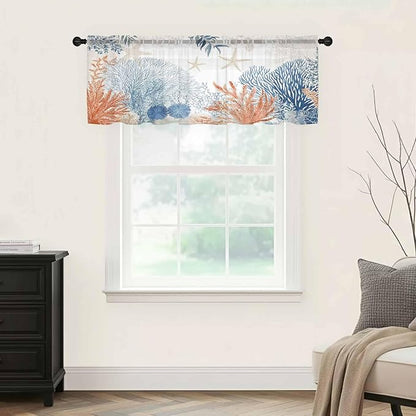 Ocean Corals Sheer Valance Curtains, Summer Beach Coral Sea Stars Light Filtering Kitchen Valances Rod Pocket Voile Curtain Window Treatment for Bedroom/Living Room/Basement 42Wx12L