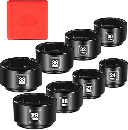 BLACKROBOT 8 Pieces 3/8” Drive Low Profile Oil Filter Socket Set, Metric Size 24mm 27mm 28mm 29mm 30mm 32mm 36mm 38mm, Chrome Vanadium Steel, 6 Point, Oil Filter Cap Remover and Installer Tool Set