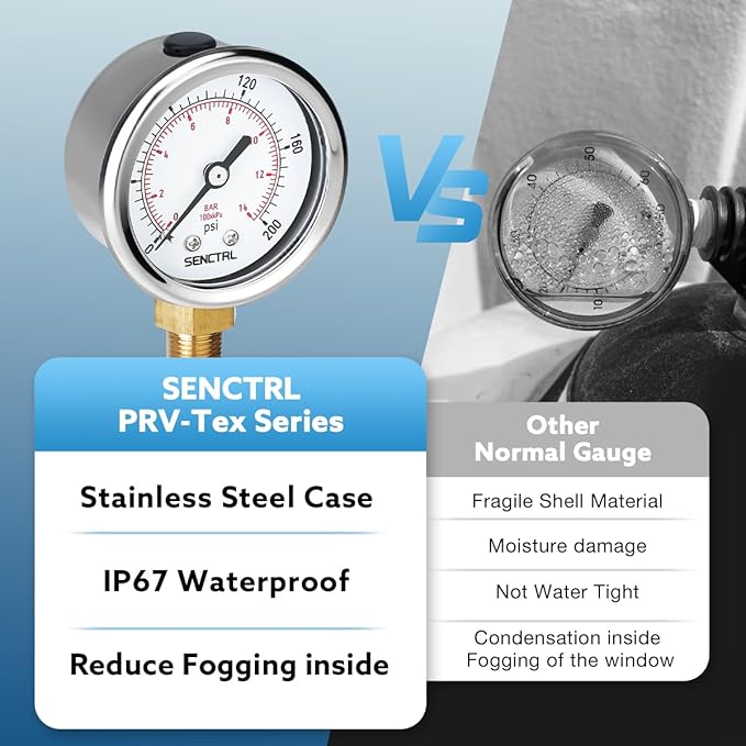 SENCTRL 0-200 psi Pressure Gauge, 2" Dial Size, 1/8 NPT Lower Mount, Waterproof, Stainless Steel Case, for Pneumatic Regulator Air Compressor Portable Tank Water Tire Test