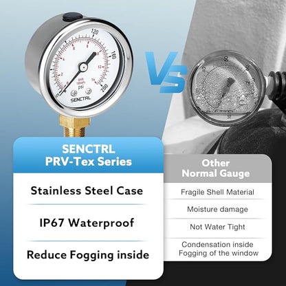 SENCTRL 0-200 psi Pressure Gauge, 2" Dial Size, 1/8 NPT Lower Mount, Waterproof, Stainless Steel Case, for Pneumatic Regulator Air Compressor Portable Tank Water Tire Test