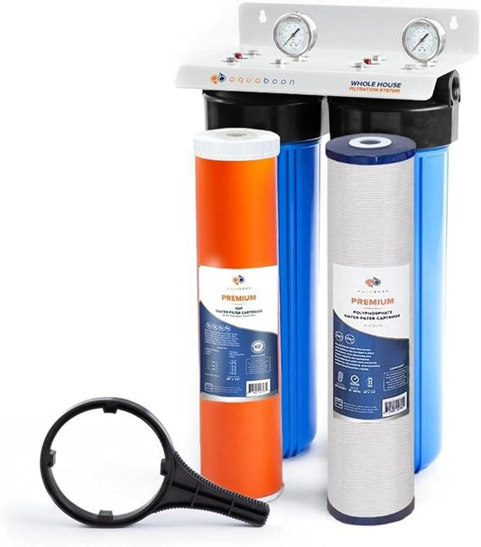 Aquaboon Whole House 2-Stage Water Filter System with 20x4.5 Anti-Scale, KDF Filters, Pressure Gauges & Release, Wrench, Iron Bracket