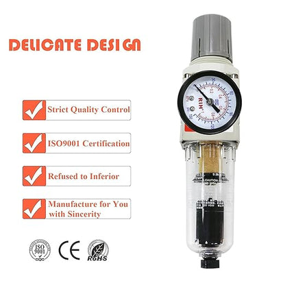 RIH 1/4" NPT Auto Drain Compressed Air Filter Regulator Combo Piggyback, 5 Micron Brass Element, Poly Bowl, Metal Bracket, 0-150 psi Gauge Air Tool Compressor Filter with Gauge (1/4" NPT)