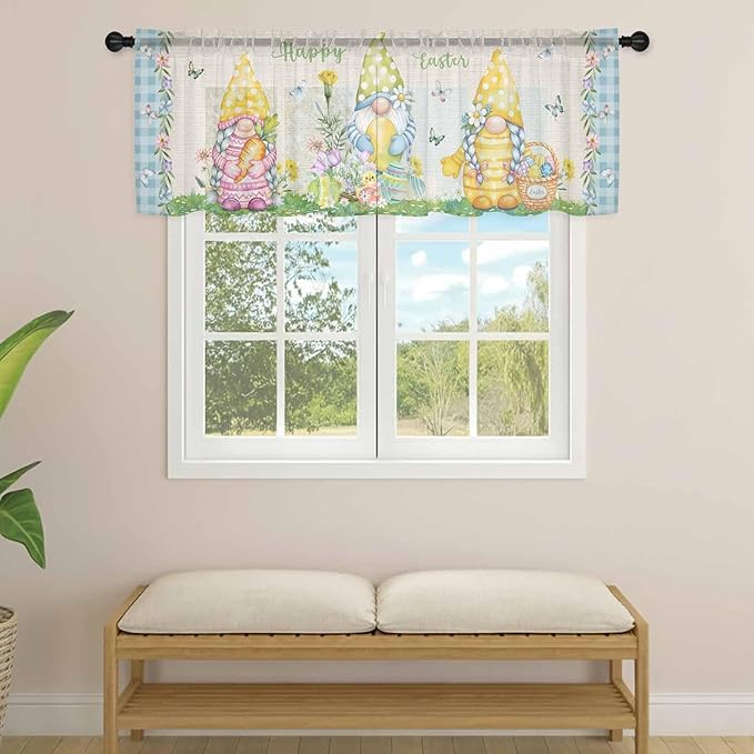 Easter Sheer Valances for Windows 54"x18", Light Filtering Kitchen Curtains Valance, Gnomes Colorful Eggs Butterfly Flowers Blue Check Rod Pocket Chiffon Curtains for Living Room Bedroom Cafe