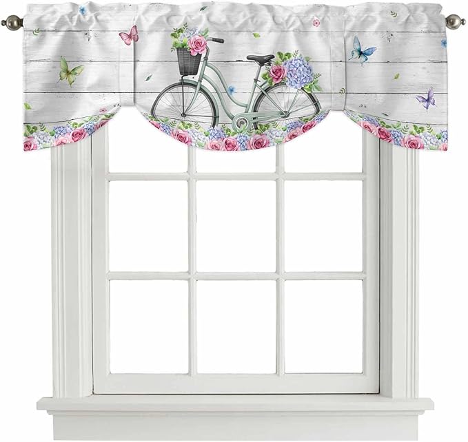 Spring Tie Up Valance Curtains for Windows, Kitchen Curtains Window Shades, Bicycles Botanical Rose Leaves Butterfly Wood Grain Light Filtering Roman Curtain Valances for Bedroom/Bathroom/Cafe 42"x18"