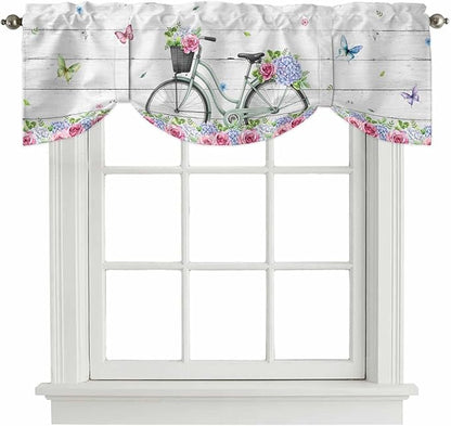 Spring Tie Up Valance Curtains for Windows, Kitchen Curtains Window Shades, Bicycles Botanical Rose Leaves Butterfly Wood Grain Light Filtering Roman Curtain Valances for Bedroom/Bathroom/Cafe 60"x18"