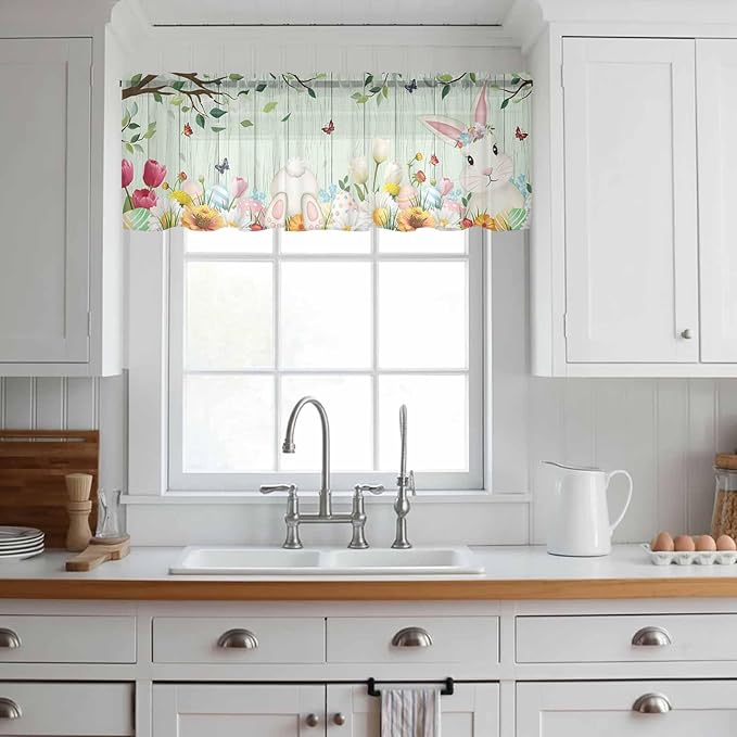 Easter Sheer Valances for Windows 60"x18", Light Filtering Kitchen Curtains Valance, Spring Watercolor Bunny Eggs Tulip Wooden Grain Teal Rod Pocket Chiffon Curtains for Living Room Bedroom Cafe