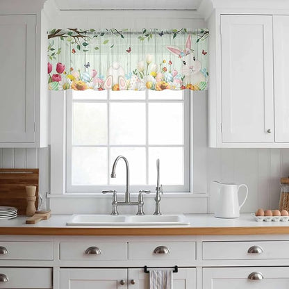 Easter Sheer Valances for Windows 42"x12", Light Filtering Kitchen Curtains Valance, Spring Watercolor Bunny Eggs Tulip Wooden Grain Teal Rod Pocket Chiffon Curtains for Living Room Bedroom Cafe