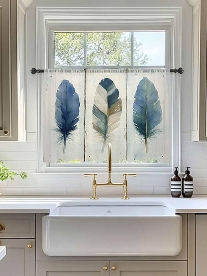 Sheer Curtains 54 Inch Length, Boho Blue Feathers Semi Sheer Curtains Light Filtering Window Treatment, Farmhouse Vintage Wooden Grain Privacy Voile Drapes for Living Room Bedroom 52x54 Inch