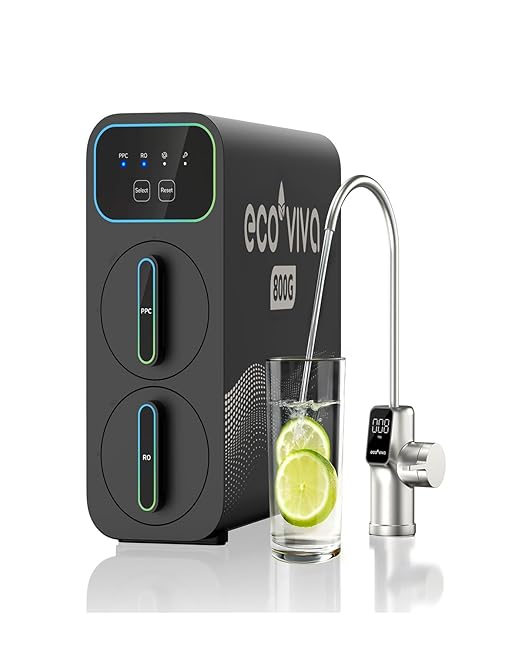 Ecoviva E8 800 GPD Reverse Osmosis Water Filter, 9-Stage Filtration RO System, Undersink Water Purifier, Reduces TDS, 2.5:1 Pure to Drain, Tankless, LED Smart Faucet