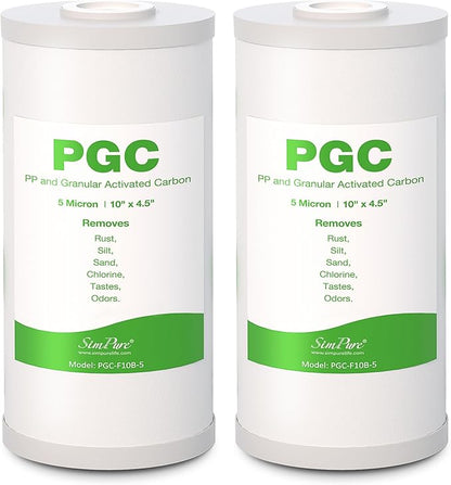 SimPure 5 Micron 10" x 4.5" Sediment and Carbon Whole House Water Filters, PGC Replacement Cartridge for GE FXHTC, GXWH40L, RFC-BB / 155141-43, WRC25HD, WDGD-5005, W10-PR, W15-PR, 2 Pack