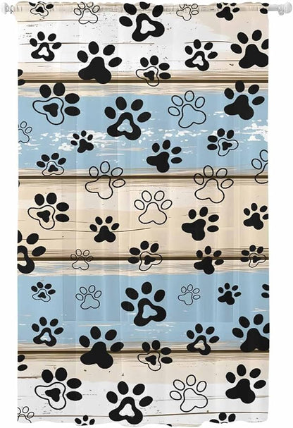 Sheer Curtains 84 Inches Long, Blue Beige Paw Print Semi Sheer Curtains Light Filtering Window Treatment, Vintage Farmhouse Rustic Wooden Grain Privacy Voile Drapes for Living Room Bedroom 52x84 Inch