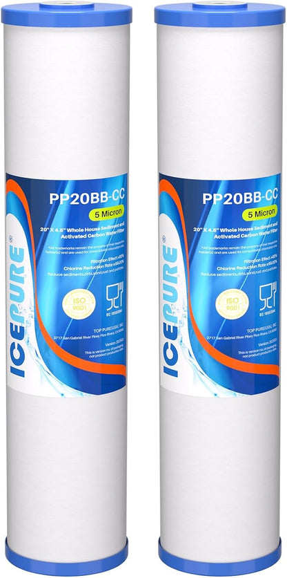 ICEPURE 5 Micron 20" x 4.5" Whole House Sediment and Carbon Water Filter Replacement Cartridge for AP810-2, SP-DD-5005-20BB, DGD-5005-20, FPMB5-20, P5-20BB, FP25B, SDG-45-2005, CMMF0520-45W1, 2PACK