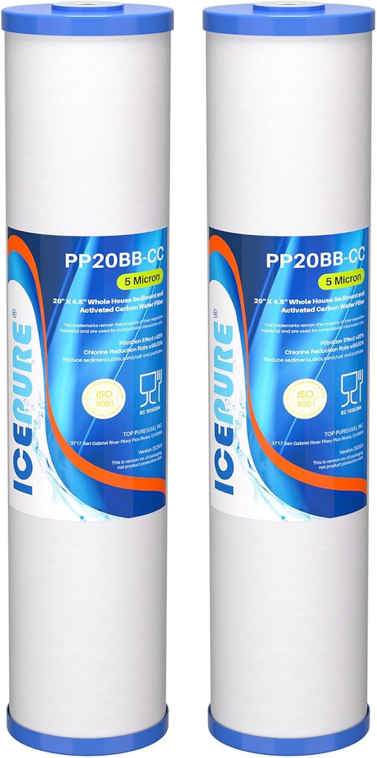 ICEPURE 5 Micron 20" x 4.5" Whole House Sediment and Carbon Water Filter Replacement Cartridge for AP810-2, SP-DD-5005-20BB, DGD-5005-20, FPMB5-20, P5-20BB, FP25B, SDG-45-2005, CMMF0520-45W1, 2PACK