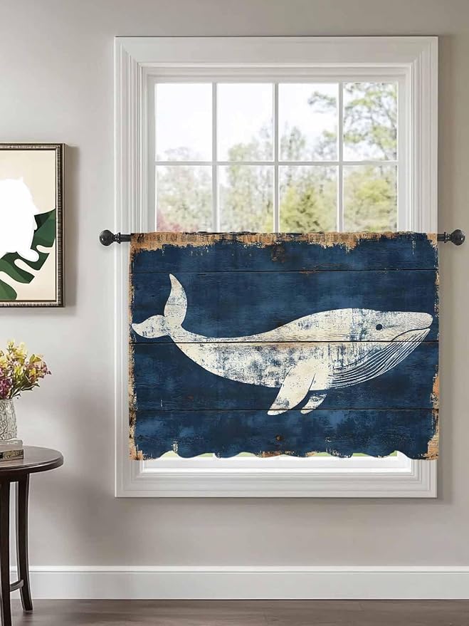 Sheer Curtains 54 Inch Length, Ocean Whale Blue Semi Sheer Curtains Light Filtering Window Treatment, Summer Sea Vintage Wooden Grain Privacy Voile Drapes for Living Room Bedroom 52x54 Inch