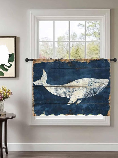 Sheer Curtains 54 Inch Length, Ocean Whale Blue Semi Sheer Curtains Light Filtering Window Treatment, Summer Sea Vintage Wooden Grain Privacy Voile Drapes for Living Room Bedroom 52x54 Inch