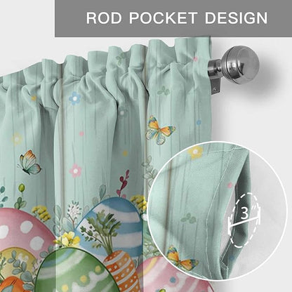 Easter Curtain Valances for Windows, Kitchen Valance Window Treatment, Spring Rabbit Ear Eggs Floral Green Wooden Grain Light Filtering Block Curtains for Bathroom/Bedroom/Living Room 54'' x 18''