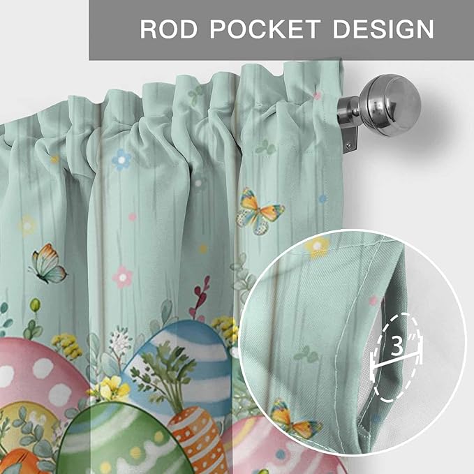 Easter Curtain Valances for Windows, Kitchen Valance Window Treatment, Spring Rabbit Ear Eggs Floral Green Wooden Grain Light Filtering Block Curtains for Bathroom/Bedroom/Living Room 42'' x 18''