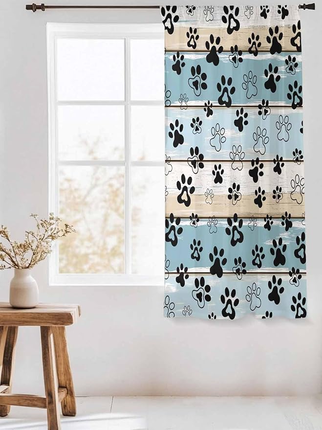 Sheer Curtains 63 Inch Length, Blue Beige Paw Print Semi Sheer Curtains Light Filtering Window Treatment, Vintage Farmhouse Country Wood Grain Privacy Voile Drapes for Living Room Bedroom 52x63 Inch