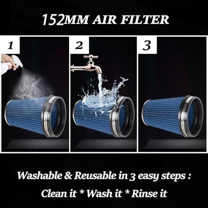 6" Inlet Cold Air Intake Filter Cone Replacement Performance Washable Clamp-On Dry Air Filters Blue (8" Tall)