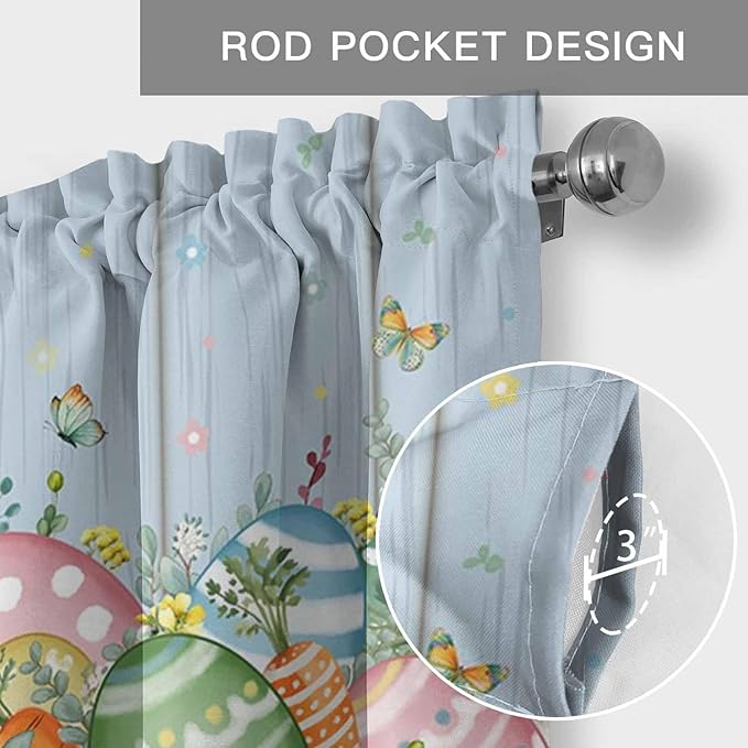 Easter Curtain Valances for Windows, Kitchen Valance Window Treatment, Spring Eggs Rabbit Ear Flowers Wooden Grain Light Filtering Block Curtains for Bathroom/Bedroom/Living Room 42'' x 12''
