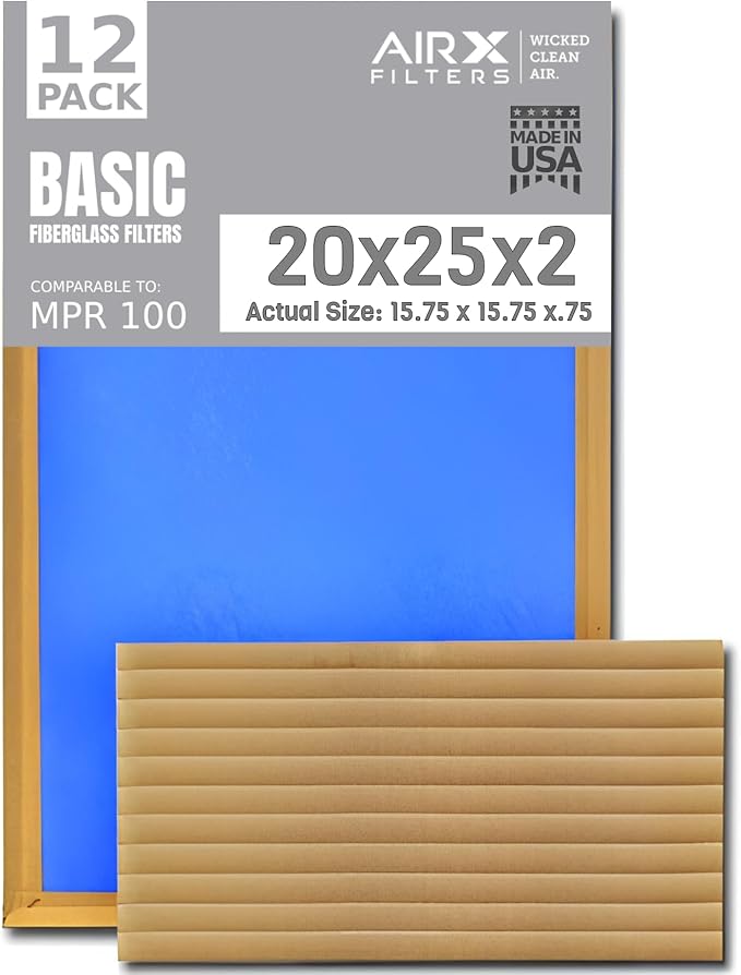 20x25x2 Air Filter Comparable to MPR 100 Basic Economy Furnace Filters, 12 Pack of Non Pleated Fiberglass Filter For Dust - Low Airflow Restriction! From AIRX FILTERS WICKED CLEAN AIR.