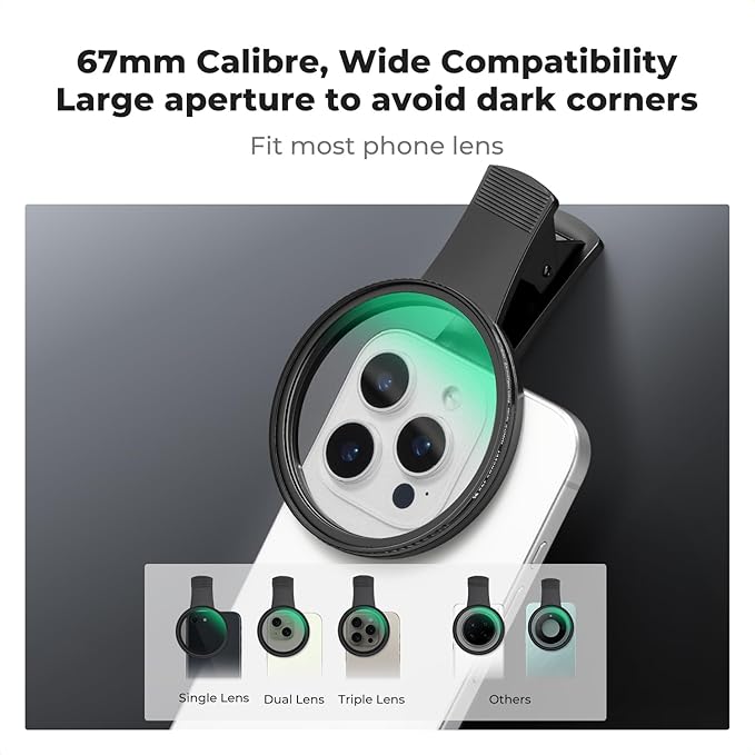 K&F CONCEPT 67mm Clip-on Black Diffusion 1/8 Phone Camera Lens Filter Kit, Mist Cinematic Effect Filter Compatible with iPhone 16 15 14 13 12 11, for Video/Vlog/Portrait Photography