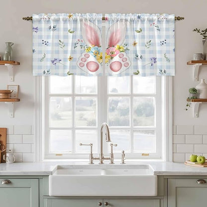 Easter Kitchen Tier Curtains 24 Inch Long 2 Panel Set,Rod Pocket Cafe Small Window Curtains Over Sink,Spring Rabbits Ears Feet Floral Blue Lattice Light Filtering Short Drapes 27.5"W x 24"L