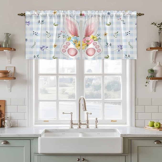 Easter Kitchen Tier Curtains 36 Inch Long 2 Panel Set,Rod Pocket Half Window Curtains Over Sink,Spring Rabbits Ears Feet Floral Blue Lattice Light Filtering Short Drapes Cafe 27.5"W x 36"L