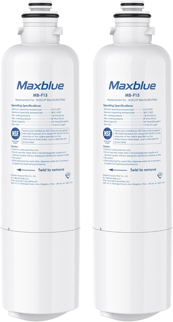 Maxblue BORPLFTR50 Replacement for Bosch® Ultra Clarity® Pro 11032531, 12033030, 11025825, BORPLFTR55, B36CD50SNS, B36CT80SNS, B36CL80ENS, B36FD50SNS, WFC100MF, Refrigerator Water Filter, 2 Filter