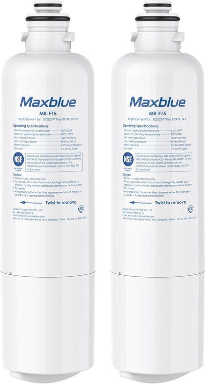 Maxblue BORPLFTR50 Replacement for Bosch® Ultra Clarity® Pro 11032531, 12033030, 11025825, BORPLFTR55, B36CD50SNS, B36CT80SNS, B36CL80ENS, B36FD50SNS, WFC100MF, Refrigerator Water Filter, 2 Filter