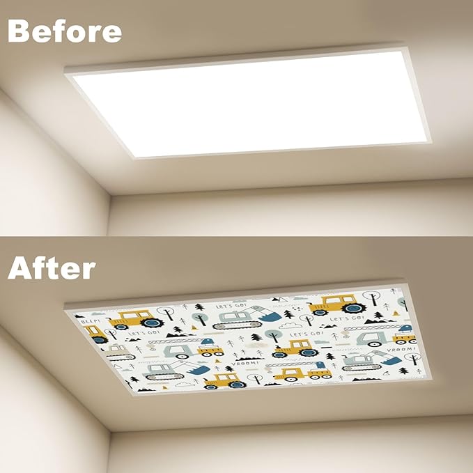 6 Pcs Fluorescent Light Covers for Ceiling Lights Colorful Construction Vehicle Diggers Cranes Tractors Decorative Magnets Light Filters for Office Home Classroom Must Haves 4’ x 2’