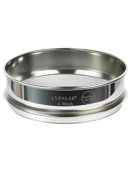 All 304 Stainless Steel 4 Mesh Test Sieve (4.75mm Aperture), 8 Inch/20cm Diameter, Lab Sifter & Soil Strainer, Heavy Duty Wire Screen for Rock, Gravel, Bonsai & Aggregate