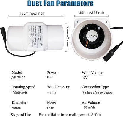12V Inline Duct Fan 3 Inch Vent Booster 14W HVAC Exhaust Intake Fans 58Cfm Air Ventilation Blower for Grow Tent Attic Greenhouse Basement (Color : Adjustable Speed, Size : 14w)