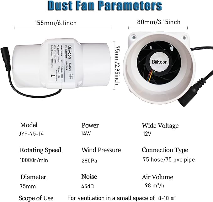 HVAC Exhaust Ventilation Fan 3 Inch 12v Inline Duct Fan Low Noise Speed Adjustable Variable Vent Blower 14w Powerful Air Exhaust Booster (Color : NO Adjustable Speed, Size : 14w)