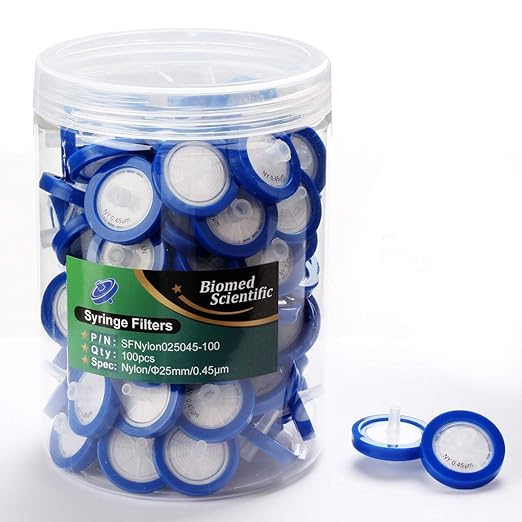 Syringe Filters Nylon 25mm Diameter 0.45um Pore Size Non Sterile Pack of 100 by Biomed Scientific