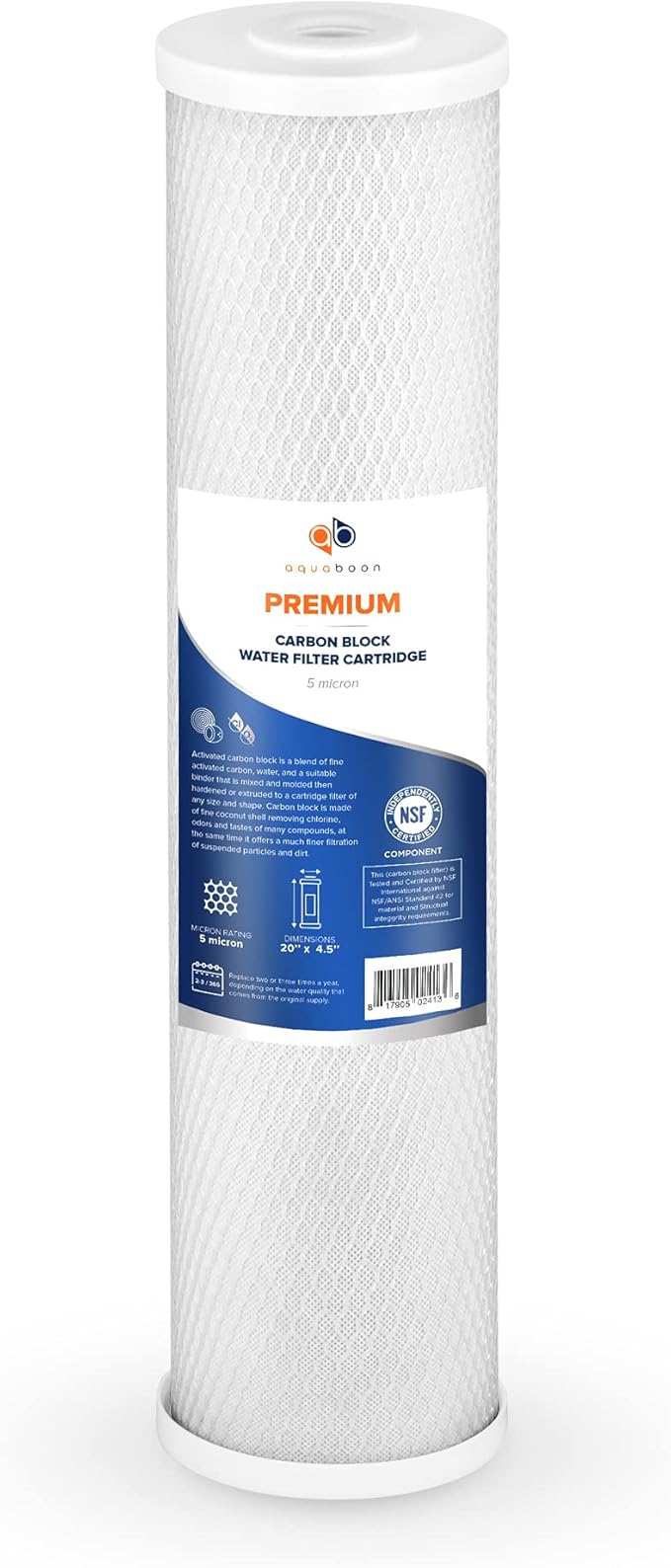 Aquaboon 5 Micron 20 x 4.5 Premium CTO Activated Carbon Water Filter Cartridge Replacement for Whole House Compatible with FC25B, EP-20BB, 6-PACK