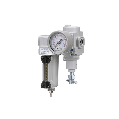 PneumaticPlus SAU220T-N02G-MEP Mini Compressed Air Filter Regulator Combo 1/4" NPT - T-Handle, Metal Bowl, Manual Drain, Bracket, Gauge