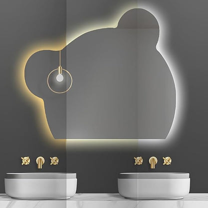 LTSRLL LED Vanity Mirror Cute Bear Decorative Mirror for Bathroom & Dressing Tabler Backlight Wall Mirror with 3 Color Dimmable Light Demister Pad Human Body Sensor Switch(Cut Left,70cmx85cm)
