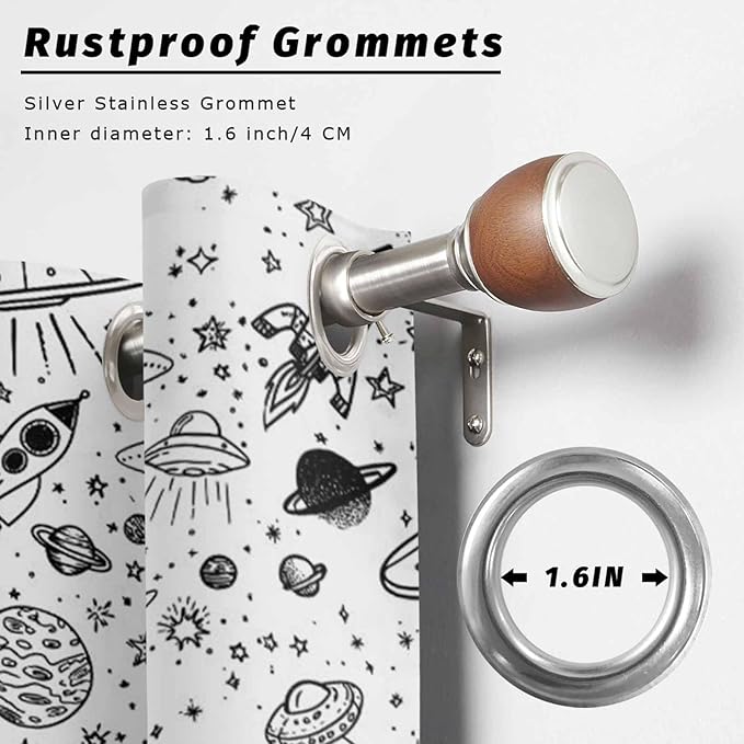 Cartoon Space Outdoor Curtains for Patio Rockets Astronauts Planets Black Waterproof Outside Curtains with Grommet Top Weatherproof Curtain for Cabana Pergola Gazebo, 1 Panel, 54" W x 95" L