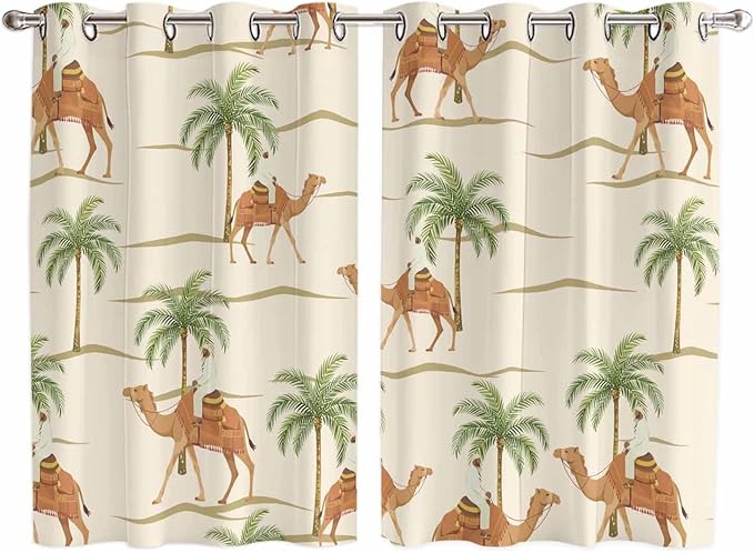 2 Panel Kitchen Cafe Curtains, Date Coconut Tree Sunlight Filtering Nature Air Through, Home Decor Window Covering Tier Curtains for Living Room 104W x 72L inch Desert Camels Botanical Tropical Beige
