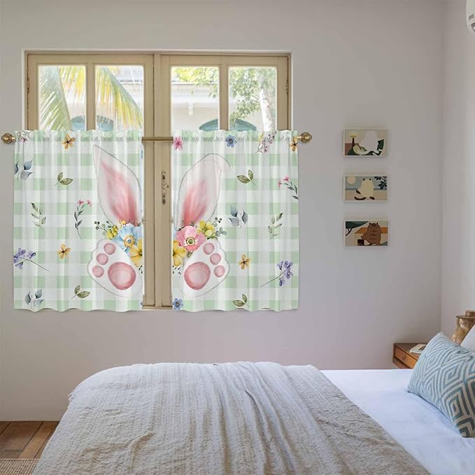 Easter Kitchen Curtains 45 Inch Long 2 Panel Set, Rod Pocket Window Treatment, Spring Bunny Ears Feet Flowers Green Plaid Light Filtering Panels Short Drapes for Bathroom Camper 42"W x 45"L