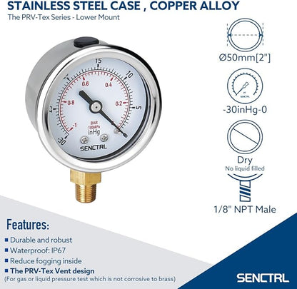 SENCTRL 30inHg Vacuum Pressure Gauge, 2" Dial, 1/8 NPT Lower Mount, Waterproof, Stainless Steel Case, for Tube Tester, HVAC, Pneumatic Air Compressor, Hand Pump, Valve Test