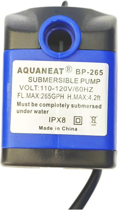 AQUANEAT Small Fountain Pump, 265 GPH Submersible Water Pump with 3.3 ft Tubing, for Aquarium Fish Tank, Pet Water Fountain, Hydroponics, Pond Waterfall Filter Pump