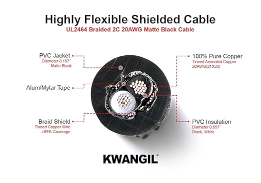 2C 20AWG AMSB Shielded Cable Wire (UL2464) - Highly Flexible Str TC, PVC Ins, OS+TC BRD, PVC JKT for CNC Machine, Stepper Motor, VFD Spindle (Matte Black 50FT)