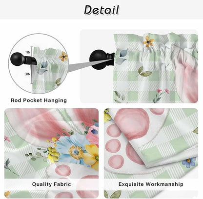 Easter Kitchen Curtains 45 Inch Long 2 Panel Set, Rod Pocket Window Treatment, Spring Bunny Ears Feet Flowers Green Plaid Light Filtering Panels Short Drapes for Bathroom Camper 42"W x 45"L