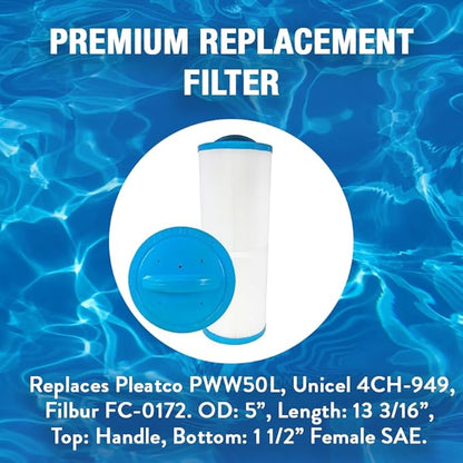 Doheny's PWW50L1 Pool Spa Filter | Filter for Waterway Teleweir 50 | Replaces Pleatco PWW50L, Unicel 4CH-949, Filbur FC-0172 | OD: 5”, Length: 13 3/16”, Top: Handle, Bottom: 1.5” Female SAE | 4-Pack