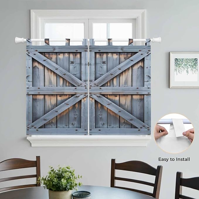 Farmhouse Wood Grain Kitchen Curtains 45 Inch Length, Short Cafe Window Curtains Tab Top, Vintage Country Barn Gate Textured Light Filtering Window Treatments Tier Drapes 27.5"x45" 2 Panel