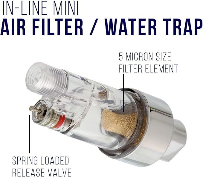 Master Airbrush In-Line Mini Air Filter Water Trap - 1/8" BSP Threads - Airbrush Moisture Trap & Air Compressor Accessory (Connects directly onto airbrushes and hoses with 1/8" threads)