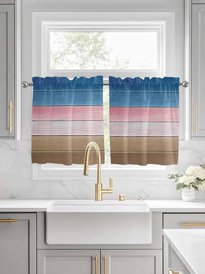 Blue Pink Brown Gradient Wood Grain Window Valance Curtains, Vintage Wood Board Light Filtering Kitchen Valance with 3-inch Rod Pocket for Living Room Bathroom Bedroom,2 Panel,27.5x24In