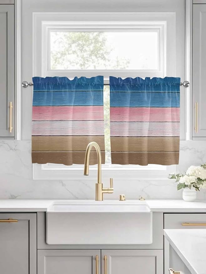 Blue Pink Brown Gradient Wood Grain Window Valance Curtains, Vintage Wood Board Light Filtering Kitchen Valance with 3-inch Rod Pocket for Living Room Bathroom Bedroom,2 Panel,27.5x36In